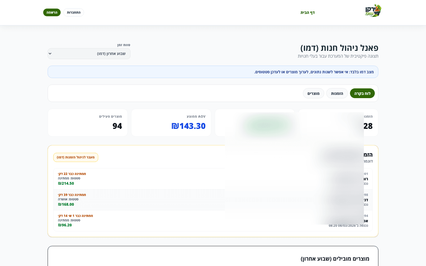 מסך דשבורד מנהל עם קישור חנות